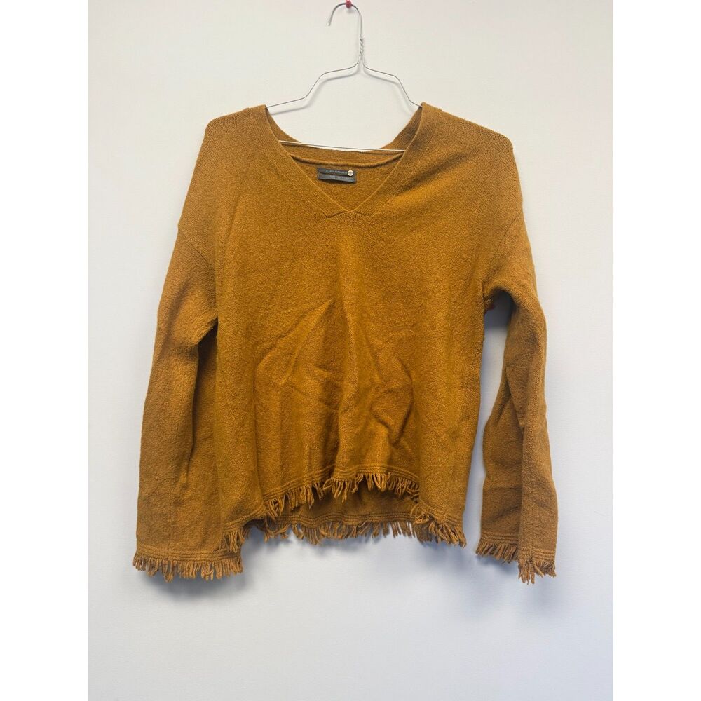 Anthropologie Joy Fringed V-Neck Sweater Large Mustard Wool Alpaca Blend